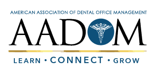 Logo for American Association of Dental Office Management (AADOM). Features the organization's name with a caduceus symbol.