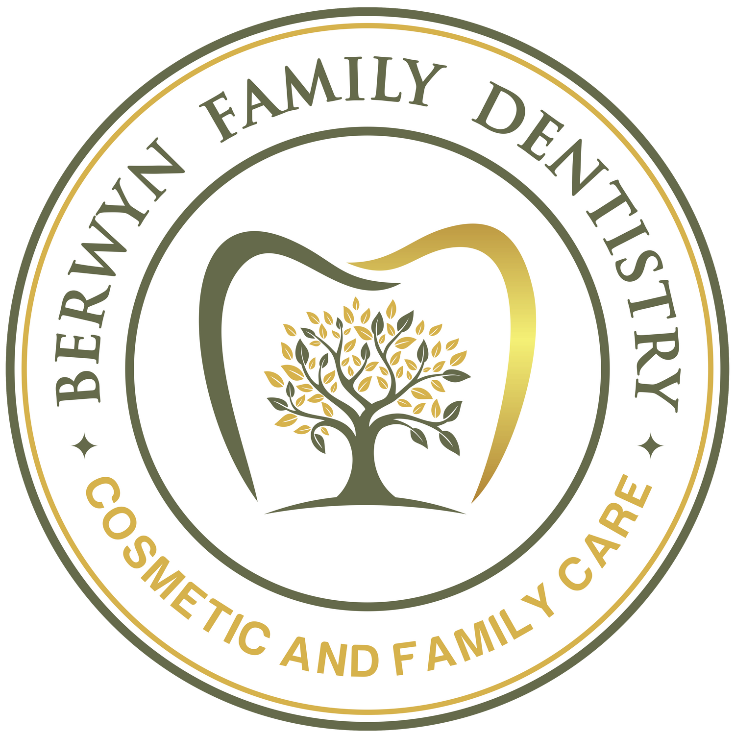 Berwyn Family Dentistry logo: tooth-shaped frame with tree inside, surrounded by text and circular border.