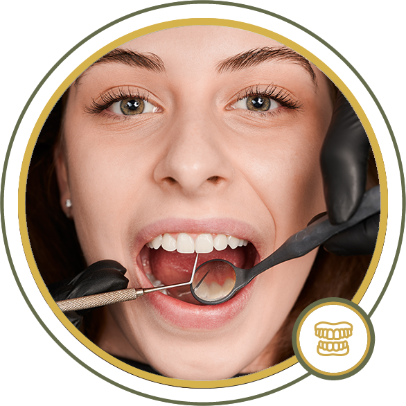 Woman at dentist; mouth open, being examined with dental mirror and probe.