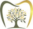Tooth-shaped logo with a tree inside, in shades of gold and green, representing dental care.