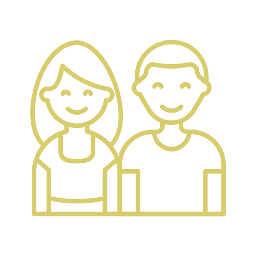 Two smiling people standing close together; gold outline.