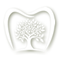 White tooth-shaped logo with a tree inside, suggesting dental care.