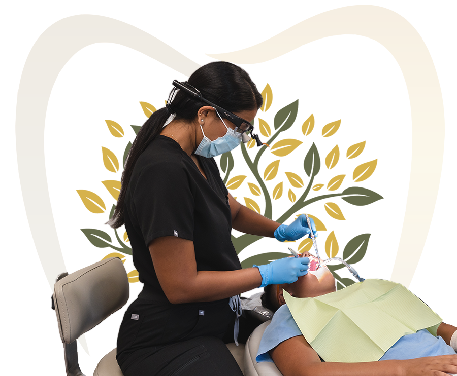 Dentist treating patient's teeth in a dental chair; green and yellow tree background.