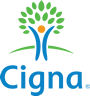 Cigna logo featuring a stylized person with outstretched arms beneath a tree with green leaves, blue text.