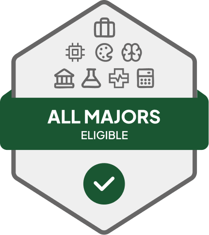 Badge with blue banner: 