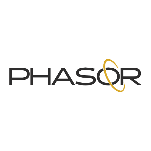 PHASOR logo in black with a gold orbit ring around the “O” on a white background