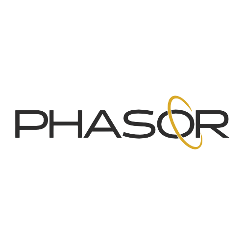 Phasor logo in black text with a yellow orbit ring on a white background