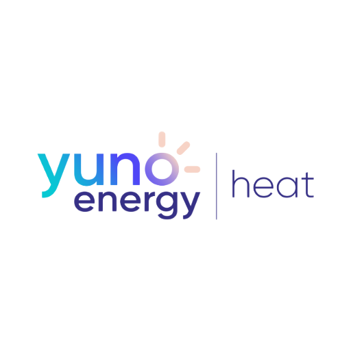 Yuno Energy heat logo in blue, purple, and peach on a white background