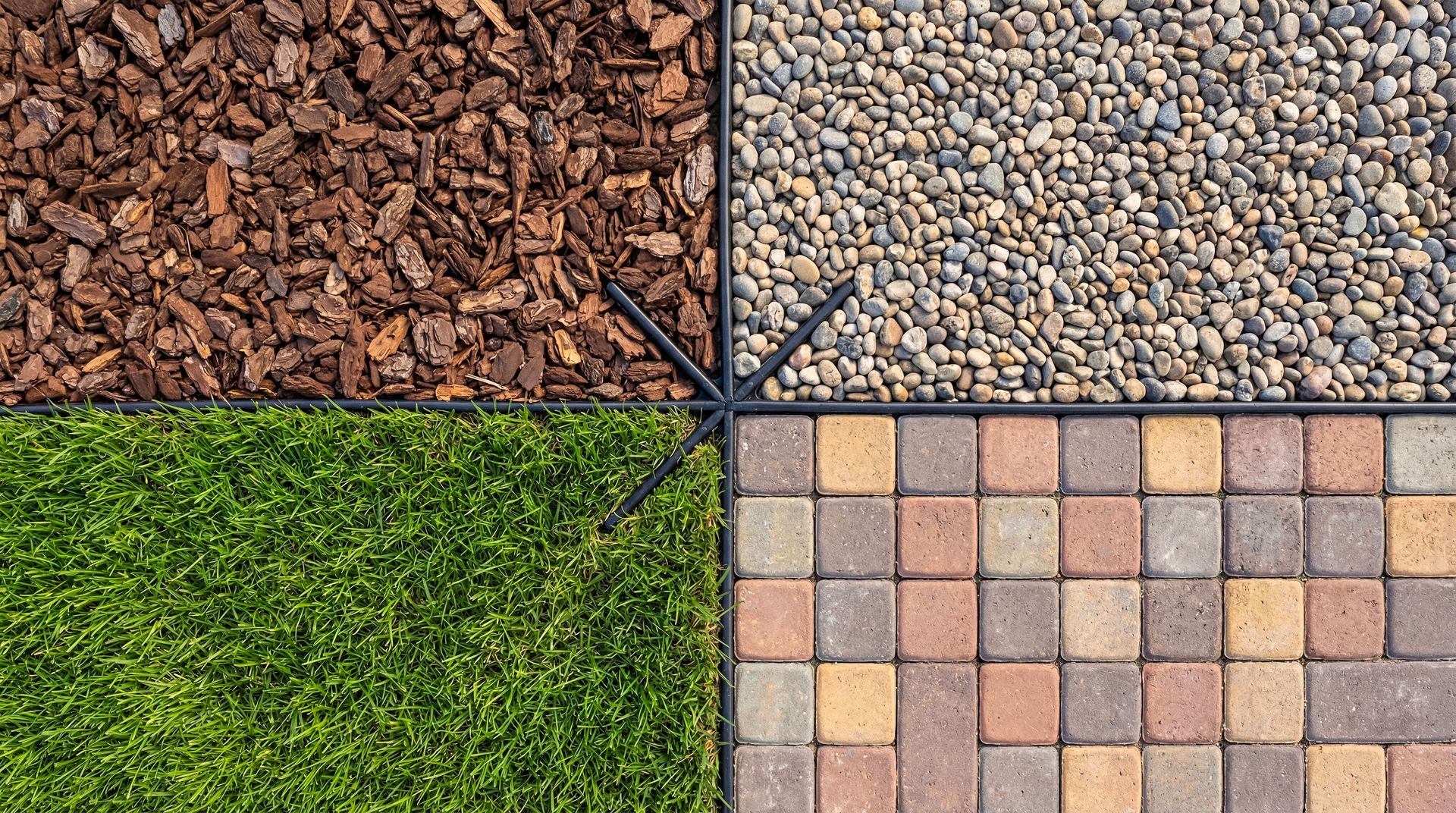 Four unique landscaping textures including grass, stone pebbles, wood mulch, and brick pavers.