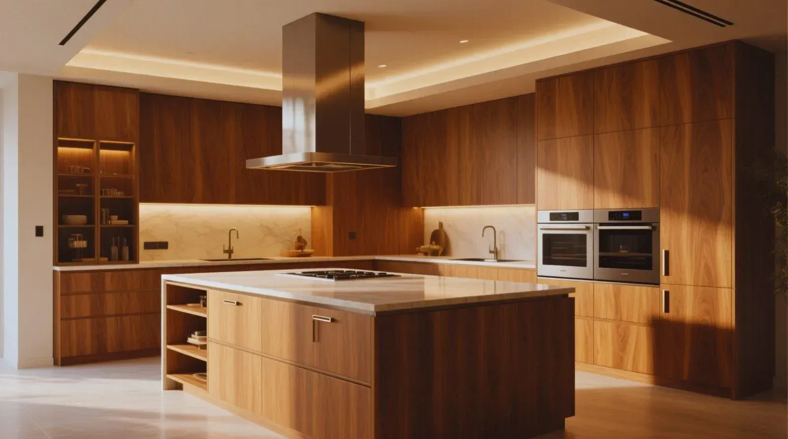 Modern wood kitchen with large island, stainless range hood, and built-in oven appliances