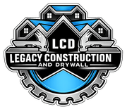 Legacy Construction and Drywall logo with house roofline and blue-gray gear design