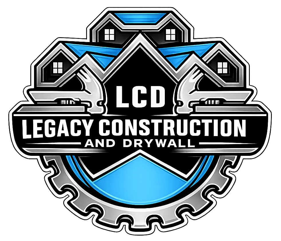 Legacy Construction and Drywall logo with house roofline and blue-gray gear design