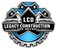 Legacy Construction and Drywall logo with house roofline and blue-gray gear design