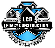 Legacy Construction and Drywall logo with house roofline and blue-gray gear design