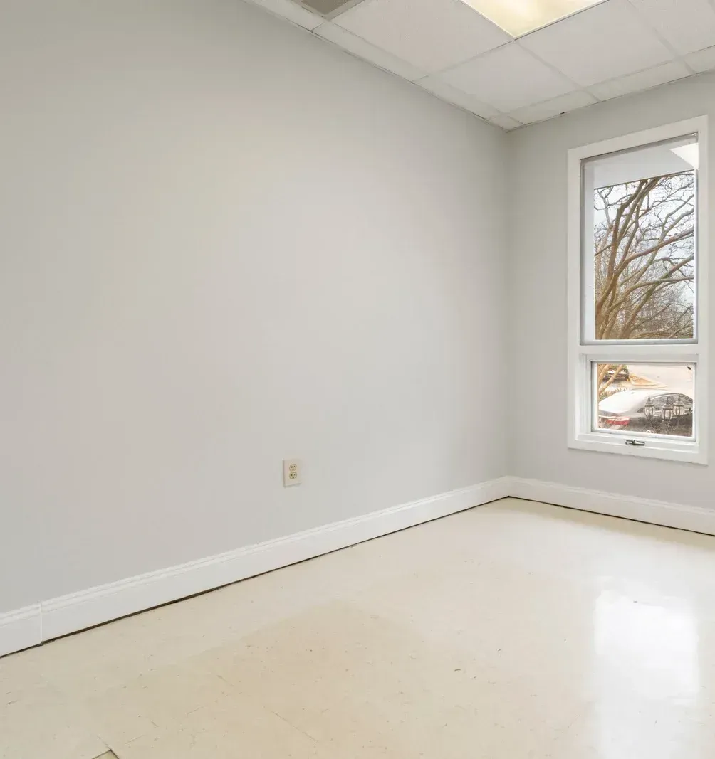 Empty light gray room with white trim, glossy floor, and a window showing trees outside