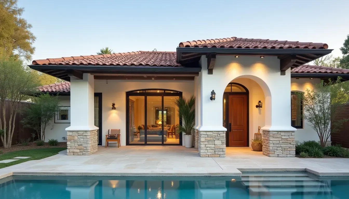 A house with a large swimming pool in front of it