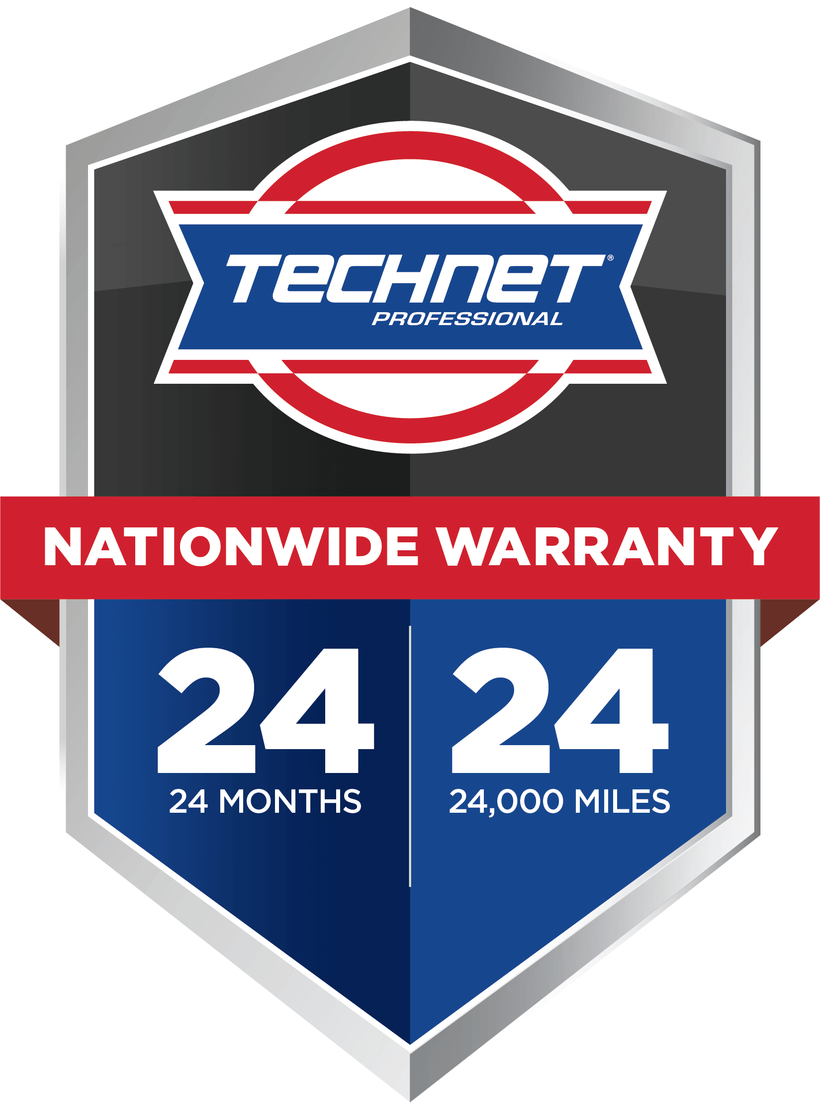 A shield with the words `` nationwide warranty '' on it.