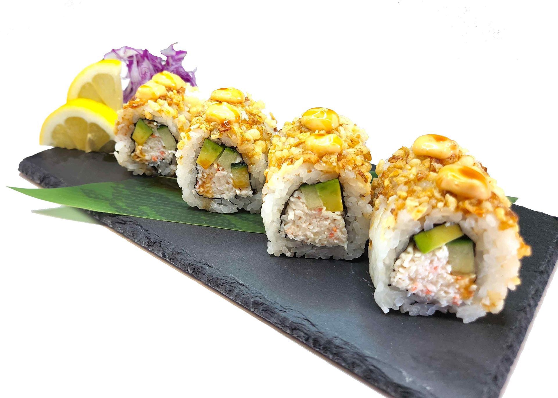 A row of sushi rolls sitting on top of a black plate.