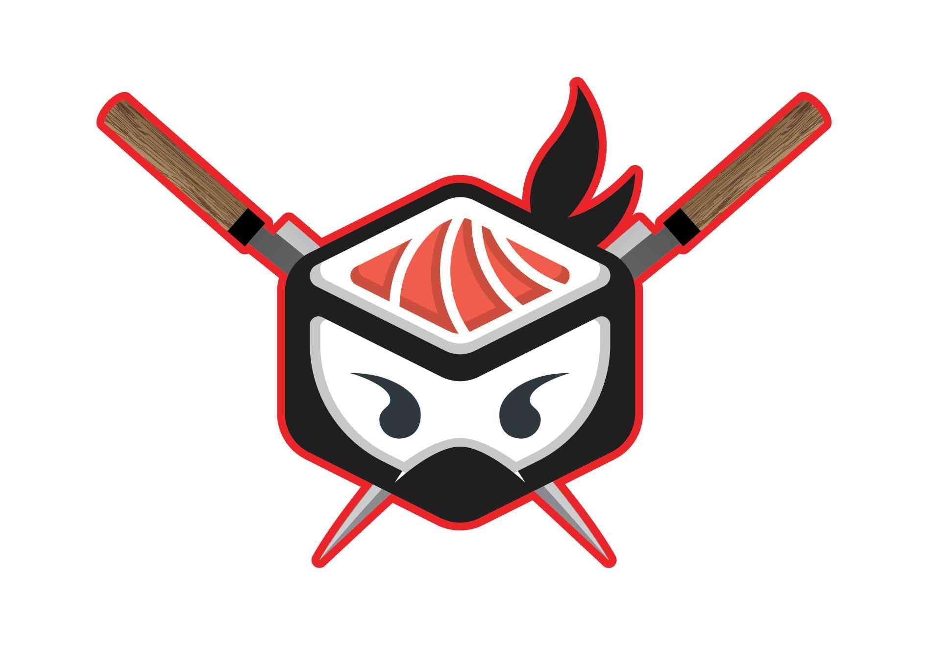 A logo for a sushi restaurant with a ninja face and chopsticks.