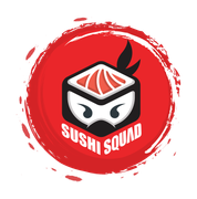 The logo for sushi squad is a ninja with a box of sushi on his head.
