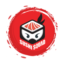 The logo for sushi squad is a ninja with a box of sushi on his head.