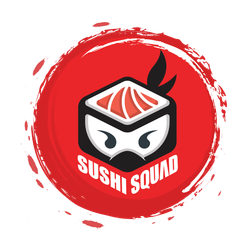 The logo for sushi squad is a ninja with a box of sushi on his head.