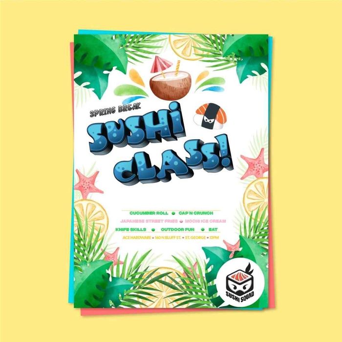 A flyer for a sushi class with tropical leaves and a coconut.