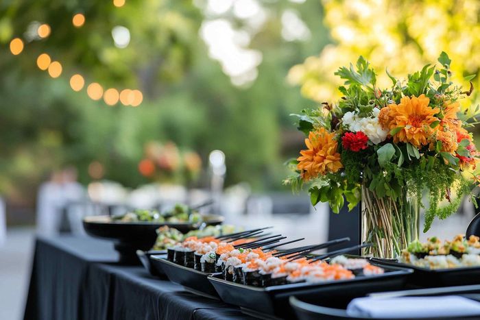 A buffet table with plates of food and a vase of flowers.
