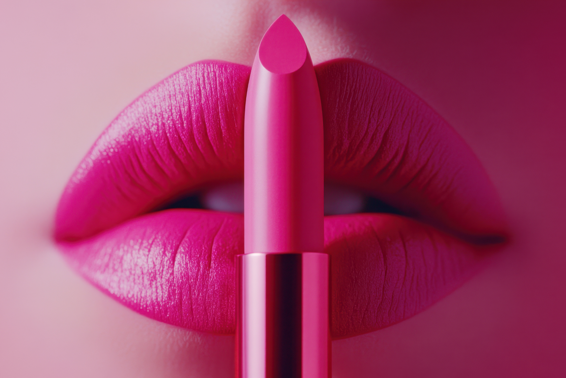 Pink lipstick held in front of pink lips, close-up.