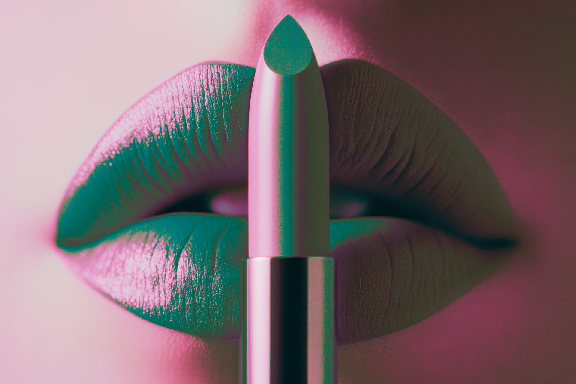 Green lipstick held to lips, with a pink/green neon color scheme.
