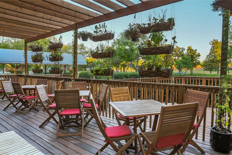 Wooden outdoor patio with tables and chairs, hanging plants, and a view of green trees.