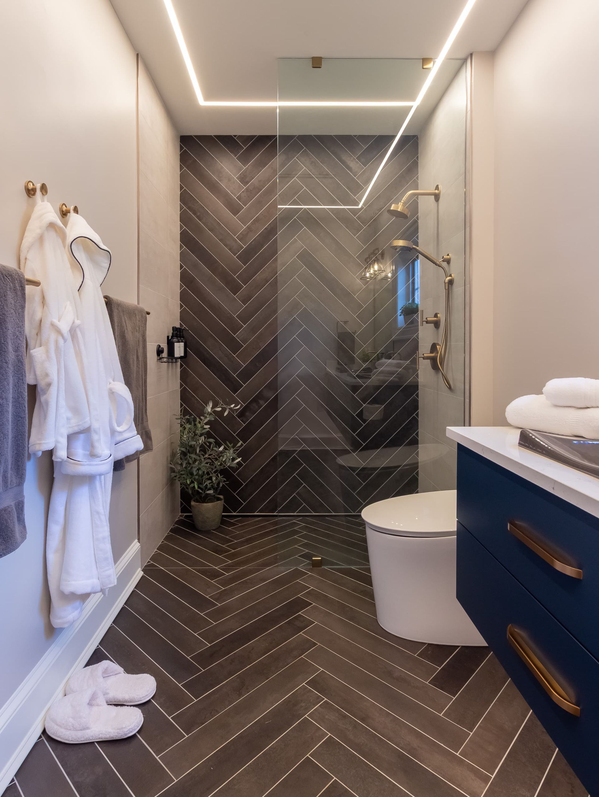 A bathroom with a toilet and a walk in shower