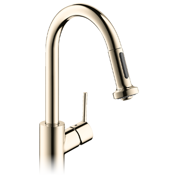 A kitchen sink faucet with a pull out sprayer