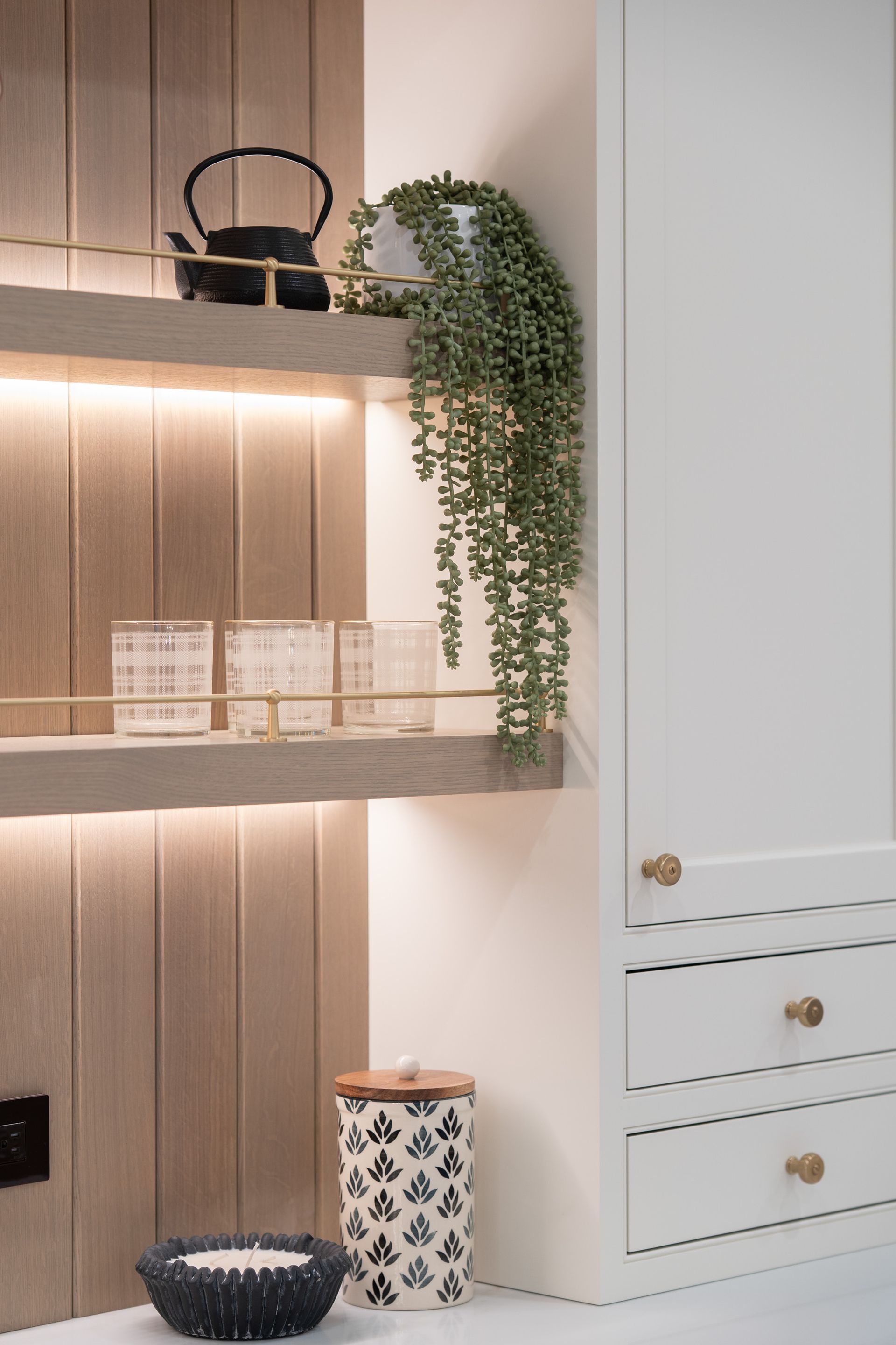 A kitchen with a shelf with a potted plant on it.