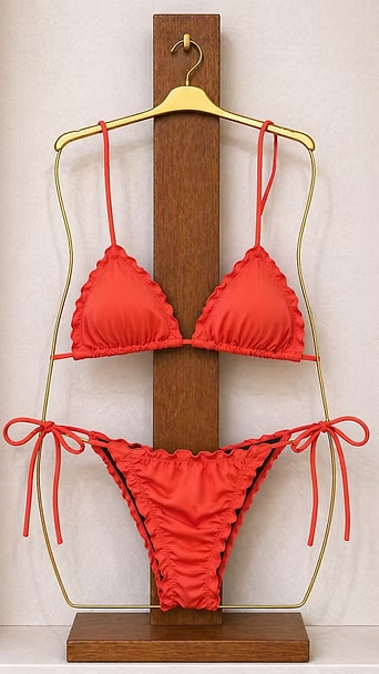 Bikini rojo con volantes en una percha de madera sobre un fondo liso.