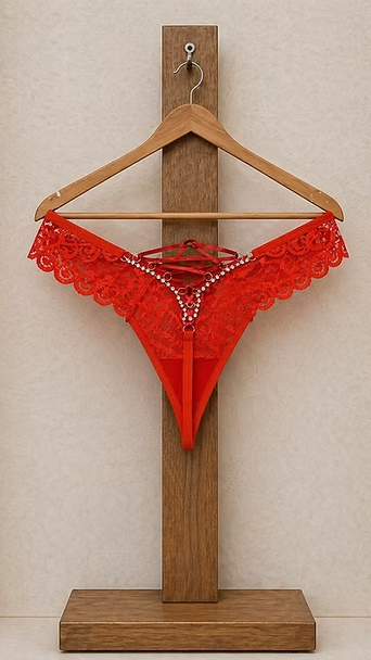 Tanga de encaje rojo en una percha de madera, expuesta sobre un soporte de madera.