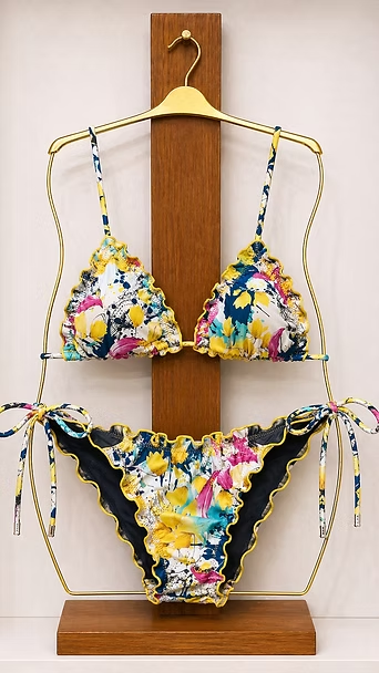 Conjunto de bikini floral con flores azules, amarillas y rosas expuestas en perchas y un soporte de madera.
