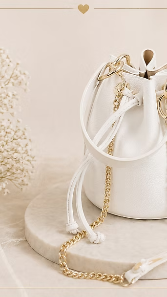 Bolso blanco con correas de cadena dorada sobre una base redonda de color beige sobre un fondo crema.