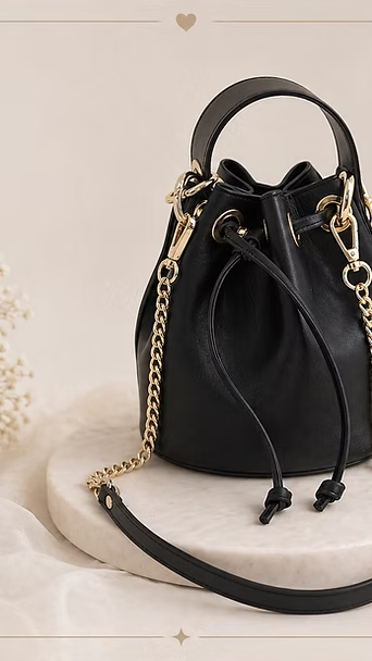 Bolso negro con cordón ajustable y correa de cadena dorada sobre un taburete redondo claro, contra una pared beige.