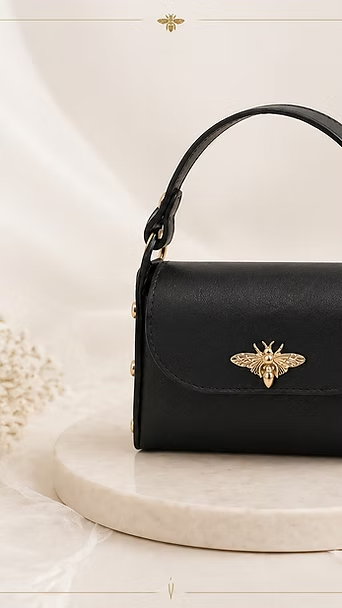 Bolso negro con emblema dorado sobre una base beige sobre fondo crema.