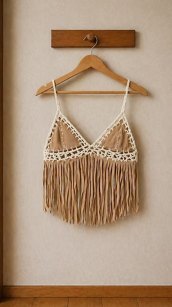 Top de macramé color beige con flecos, colgado en una percha de madera sobre un gancho en la pared
