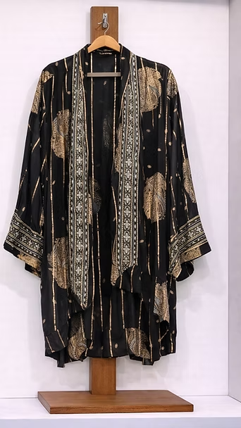 Bata negra estilo kimono con estampado y ribetes dorados, expuesta sobre un soporte de madera.