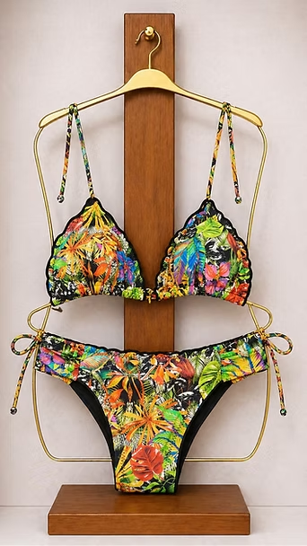 Traje de baño bikini floral en una percha de madera, con un colorido estampado tropical en la parte superior e inferior.