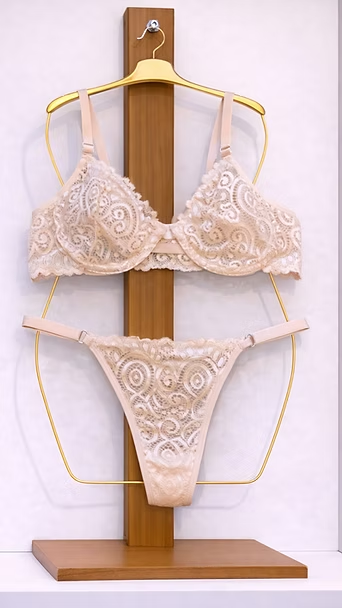 Conjunto de lencería de encaje beige sobre un soporte de madera, con sujetador y tanga a juego.