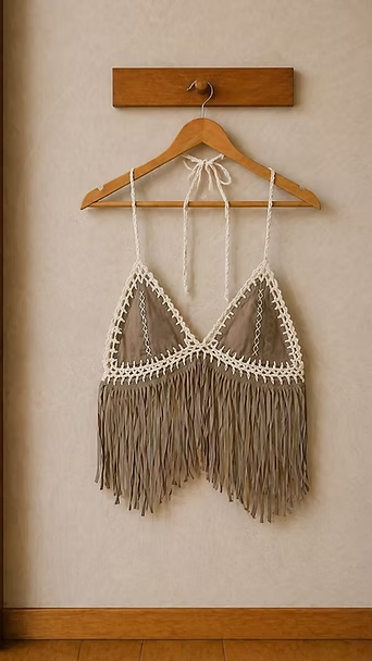 Tapiz de macramé en una percha de madera sobre una pared beige.
