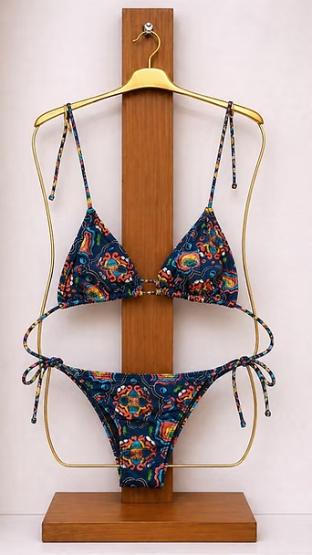 Bikini estampado sobre un soporte de madera con percha.