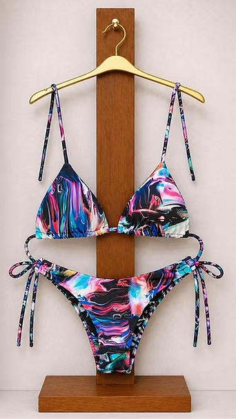 Bikini colorido con estampado, braguita con lazos laterales y parte superior triangular, colgado en una percha de madera.