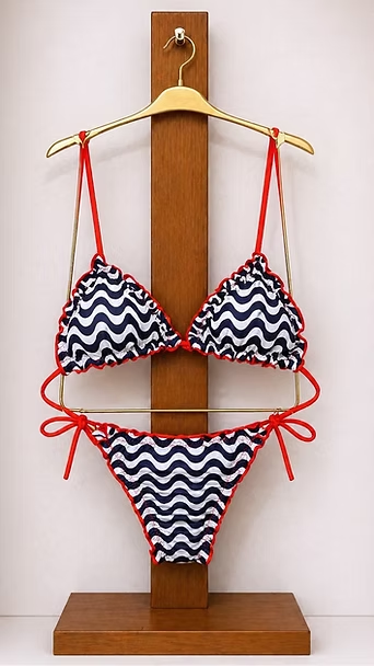 Bikini estampado con tirantes rojos colgado en una percha de madera.