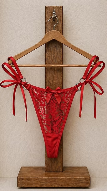 Tanga de encaje rojo en una percha de madera, apoyada contra una pared beige.