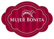 Logotipo de Mujer Bonita en color burdeos con marco ovalado decorativo y detalles florales blancos.